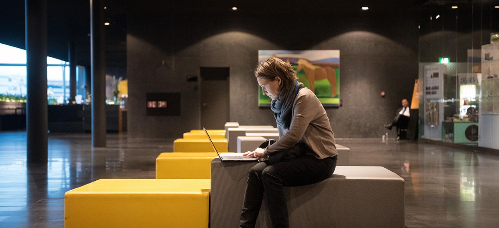 Woman sitting on a couch with laptop in a large room.