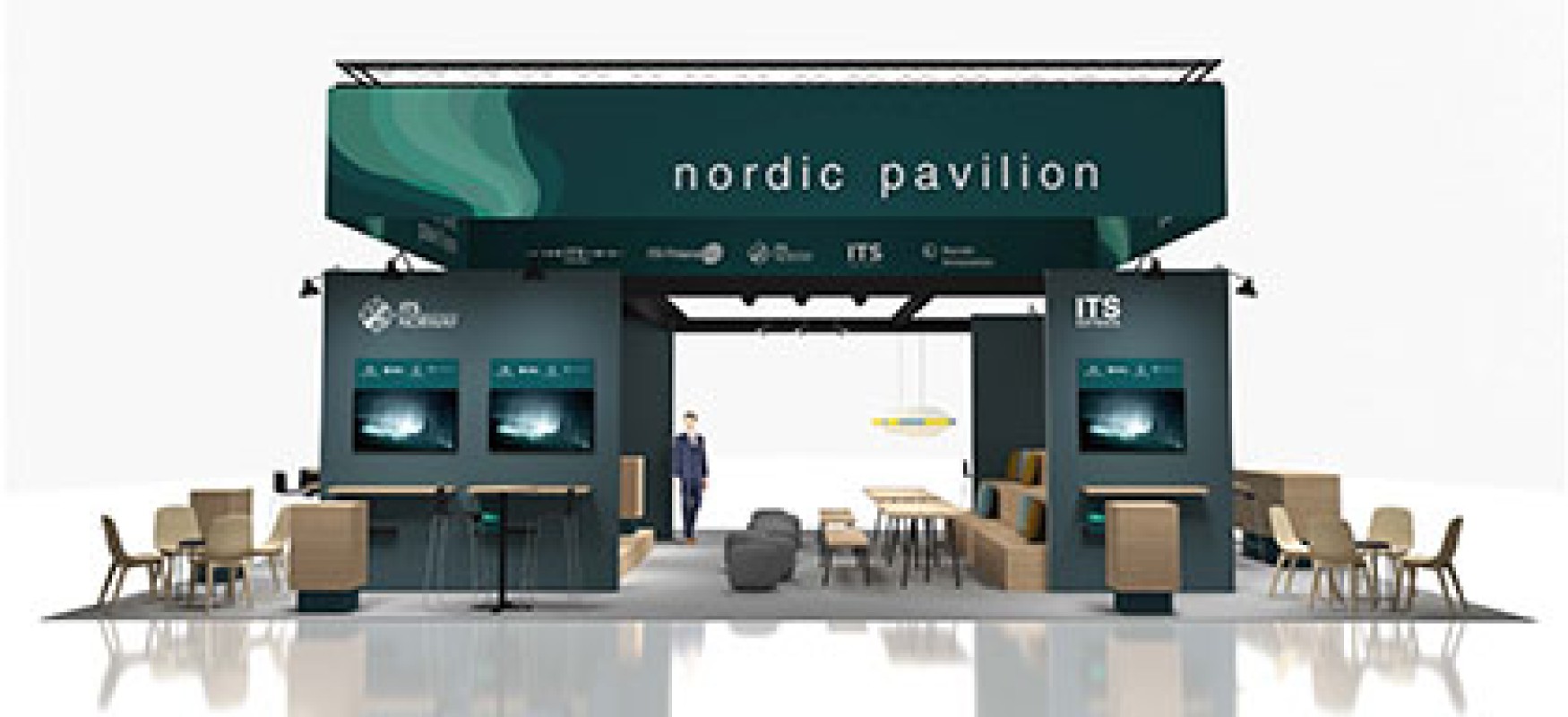 Green pavilion with Nordic ITS logos and screens surrounded by light coloured wooden chairs.