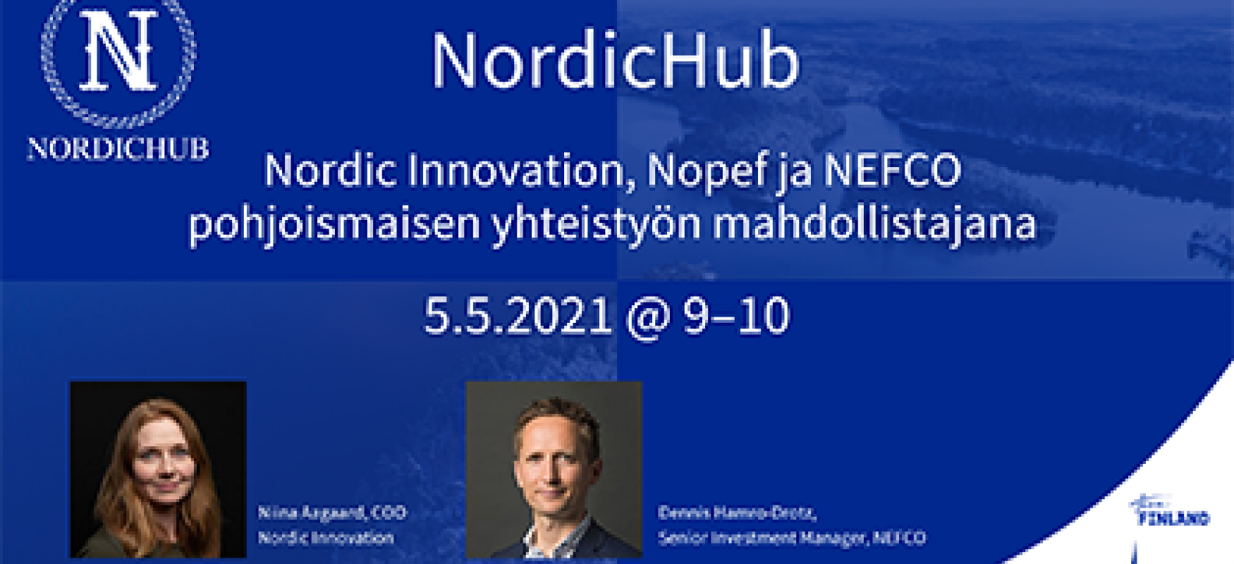 NordicHub webinar poster with webinr info and portraits of Niina Aagaard and Dennis Hamro-Drotz.