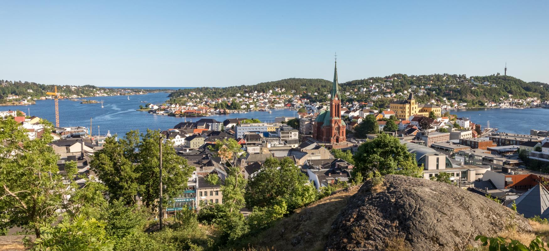 Arendal city, seen from a height, on a sunny day in june 2018. Arendal is a small town in the south part of Norway