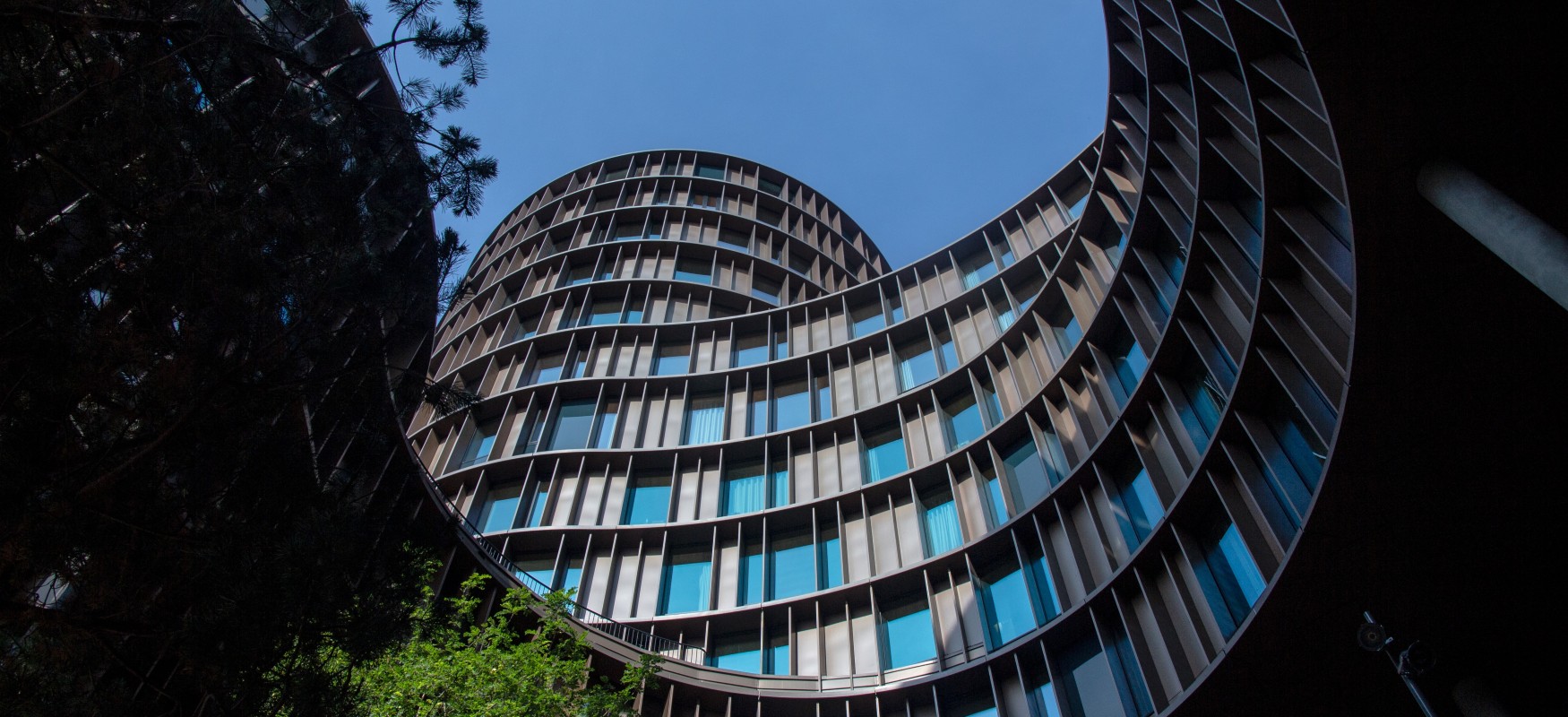 Axel Towers in Copenhagen, seen from the ground looking up into the sky.