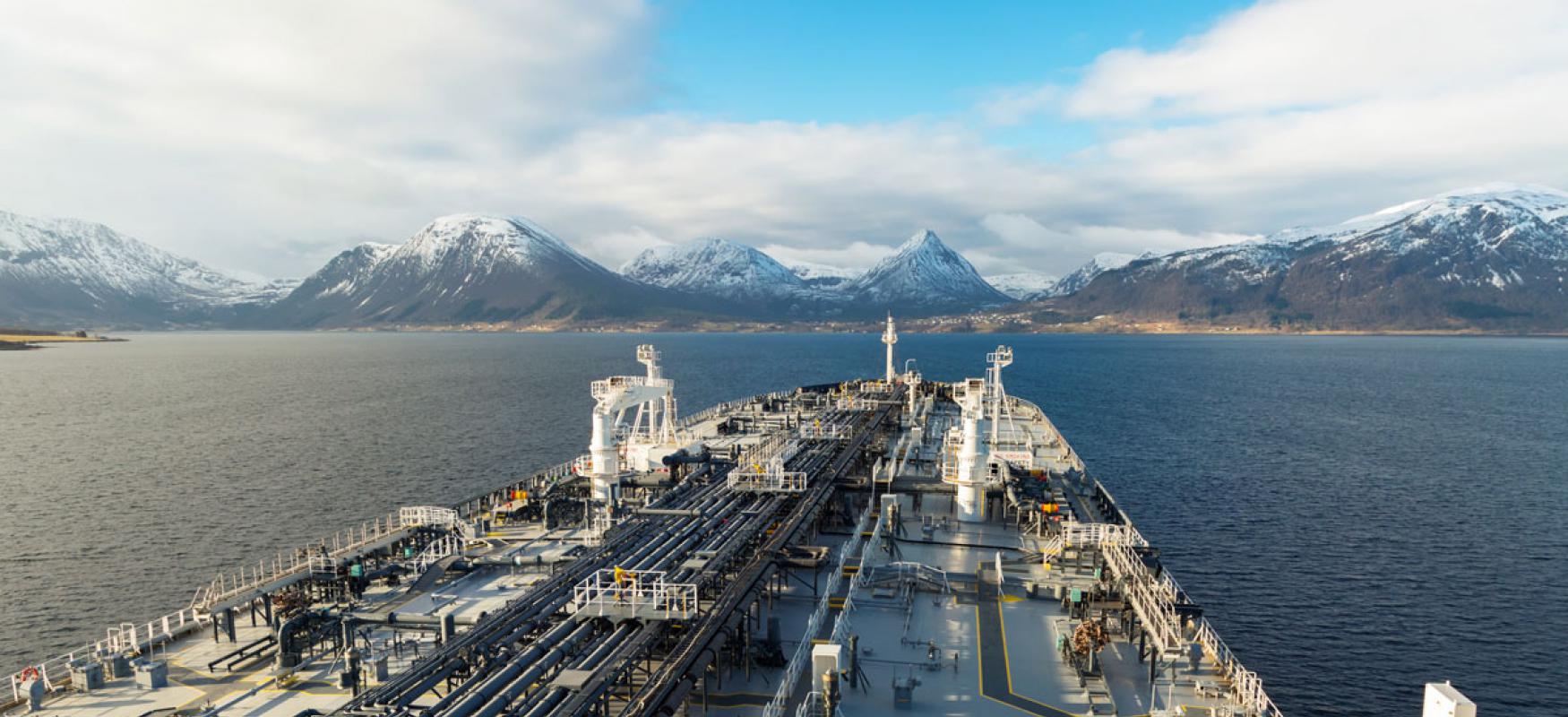 Oil tanker in a Norwegian fjord.