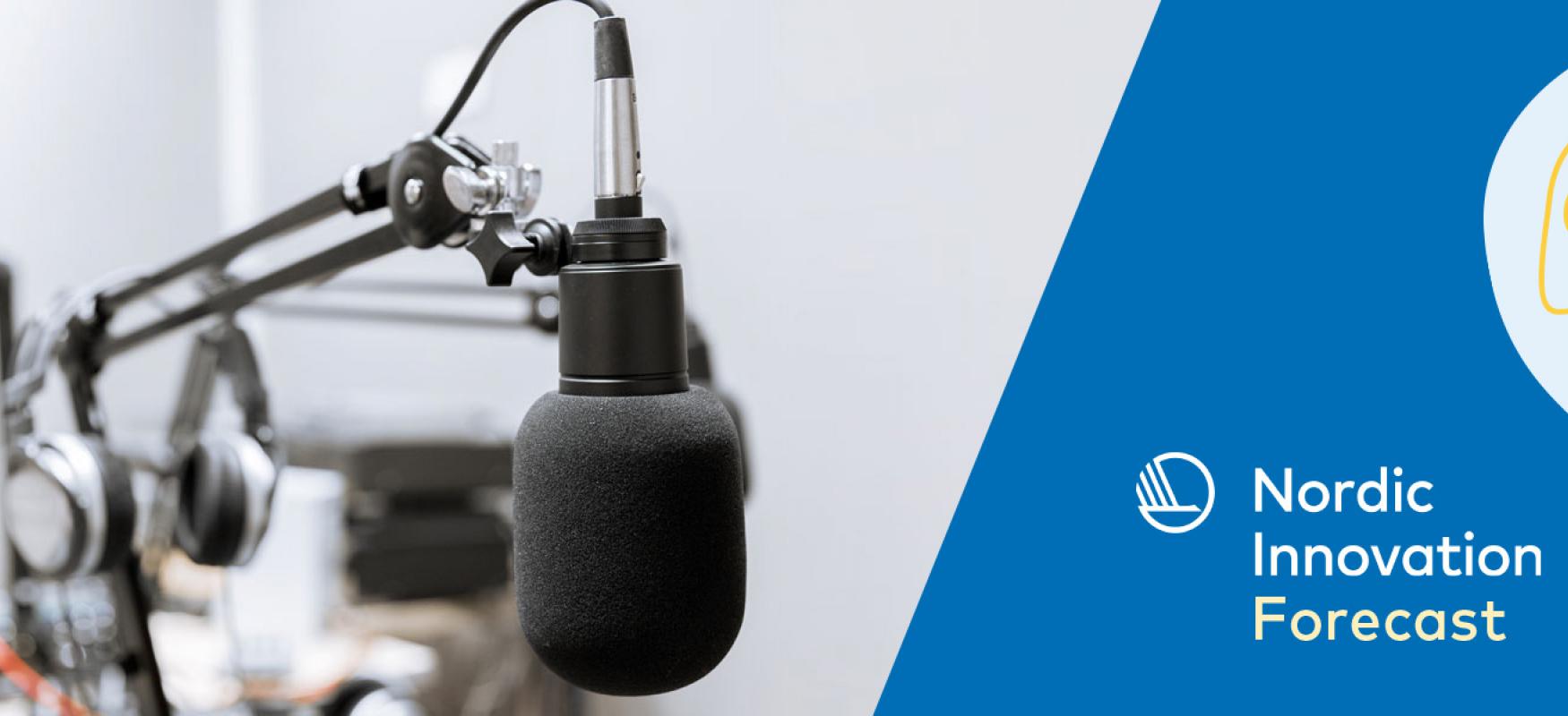 Photo of a microphone in a recording studio and the Nordic Innovation Forecast logo