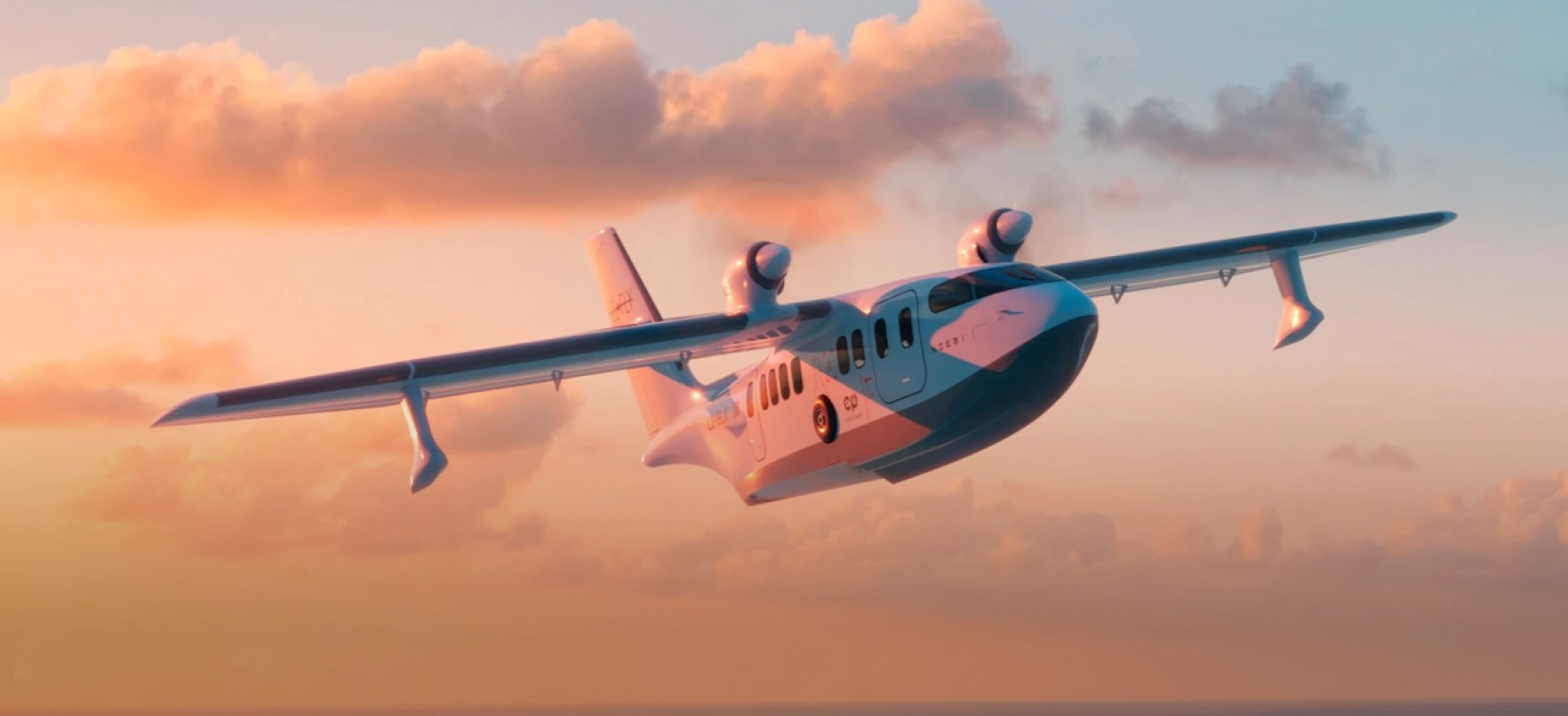 Illustration of electric airplan flying in sunset 