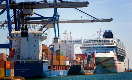 A container ship and a cruice ship at Copenhagen Port. 