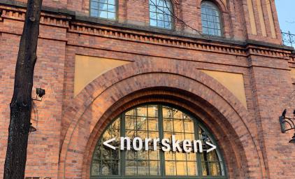 Norrsken House in Oslo, the logo on the front of the building.