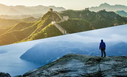 Split image with the Great Wall of China in sunrise on the top and a man standing overlooking a fjord on the bottom.