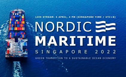 Nordic Maritime 2022 in Singapore. Text written on top of a picture of a large container ship.