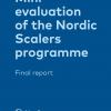 Frontpage to the nordic Scalers program evaluation in 2019. Dark blue with light blue text.