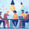 Workshop illustration in cartoon style. People working together around a table.