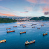 Many ships lining up and waiting to dock